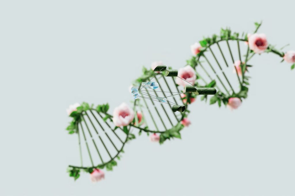 A conceptual representation of a DNA helix adorned with pink flowers and green leaves.